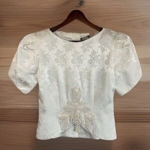 Vintage‎ 80s  Formal Top S/M Beaded Damask Ivory Strong Shoulders Fitted Glamour